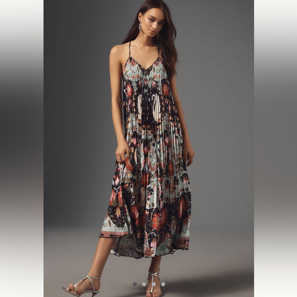 Farm Rio Blue Flowing Beauty Pleated Sleeveless Midi Dress